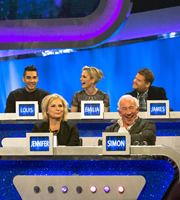 The Guess List. Image shows from L to R: Louis Smith, Jennifer Saunders, Emilia Fox, Simon Callow, James Corden. Copyright: 12 Yard Productions. The Guess List. Image shows from L to R: Louis Smith, Jennifer Saunders, Emilia Fox, Simon Callow, James Corden. Copyright: 12 Yard Productions.
