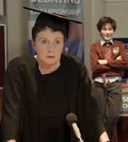 Hank Zipzer. Image shows from L to R: Miss Adolf (Felicity Montagu), Hank Zipzer (Nick James). Copyright: Kindle Entertainment. Hank Zipzer. Image shows from L to R: Miss Adolf (Felicity Montagu), Hank Zipzer (Nick James). Copyright: Kindle Entertainment.
