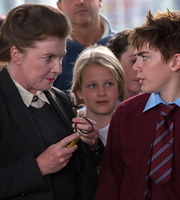 Hank Zipzer. Image shows from L to R: Miss Adolf (Felicity Montagu), Hank Zipzer (Nick James). Copyright: Kindle Entertainment. Hank Zipzer. Image shows from L to R: Miss Adolf (Felicity Montagu), Hank Zipzer (Nick James). Copyright: Kindle Entertainment.