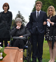 Hebburn. Image shows from L to R: Pauline Pearson (Gina McKee), Dot (Pat Dunn), Jack Pearson (Chris Ramsey), Sarah Pearson (Kimberley Nixon). Copyright: Channel X North / Baby Cow Productions. Hebburn. Image shows from L to R: Pauline Pearson (Gina McKee), Dot (Pat Dunn), Jack Pearson (Chris Ramsey), Sarah Pearson (Kimberley Nixon). Copyright: Channel X North / Baby Cow Productions.