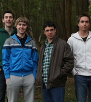The Inbetweeners. Image shows from L to R: Neil Sutherland (Blake Harrison), Jay Cartwright (James Buckley), Will Mackenzie (Simon Bird), Simon Cooper (Joe Thomas). Copyright: Bwark Productions. The Inbetweeners. Image shows from L to R: Neil Sutherland (Blake Harrison), Jay Cartwright (James Buckley), Will Mackenzie (Simon Bird), Simon Cooper (Joe Thomas). Copyright: Bwark Productions.