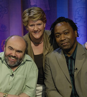 It's Only A Theory. Image shows from L to R: Andy Hamilton, Judge (Clare Balding), Reginald D Hunter. Copyright: Hat Trick Productions. It's Only A Theory. Image shows from L to R: Andy Hamilton, Judge (Clare Balding), Reginald D Hunter. Copyright: Hat Trick Productions.