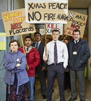 The Job Lot. Image shows from L to R: Angela (Jo Enright), Ash (Nick Mohammed), Karl (Russell Tovey), Paul (Martin Marquez). Copyright: Big Talk Productions. The Job Lot. Image shows from L to R: Angela (Jo Enright), Ash (Nick Mohammed), Karl (Russell Tovey), Paul (Martin Marquez). Copyright: Big Talk Productions.