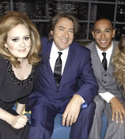 The Jonathan Ross Show. Image shows from L to R: Adele Adkins, Jonathan Ross, Lewis Hamilton. Copyright: Hot Sauce / ITV Studios. The Jonathan Ross Show. Image shows from L to R: Adele Adkins, Jonathan Ross, Lewis Hamilton. Copyright: Hot Sauce / ITV Studios.