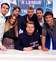 A League Of Their Own. Image shows from L to R: Jimmy Carr, Georgie Ainslie, John Bishop, James Corden, Andrew Flintoff, Jamie Redknapp, Mark Webber. Copyright: CPL Productions. A League Of Their Own. Image shows from L to R: Jimmy Carr, Georgie Ainslie, John Bishop, James Corden, Andrew Flintoff, Jamie Redknapp, Mark Webber. Copyright: CPL Productions.