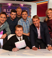 A League Of Their Own. Image shows from L to R: Frank Lampard, Jack Whitehall, James Corden, Andrew Flintoff, Jason Manford, Shane Warne, Gabby Logan. Copyright: CPL Productions. A League Of Their Own. Image shows from L to R: Frank Lampard, Jack Whitehall, James Corden, Andrew Flintoff, Jason Manford, Shane Warne, Gabby Logan. Copyright: CPL Productions.