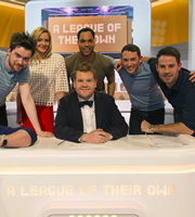A League Of Their Own. Image shows from L to R: Jack Whitehall, Gabby Logan, James Corden, Joleon Lescott, Jon Richardson, Jamie Redknapp. Copyright: CPL Productions. A League Of Their Own. Image shows from L to R: Jack Whitehall, Gabby Logan, James Corden, Joleon Lescott, Jon Richardson, Jamie Redknapp. Copyright: CPL Productions.