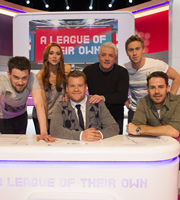A League Of Their Own. Image shows from L to R: Jack Whitehall, Una Healy, James Corden, Kevin Keegan, Russell Howard, Jamie Redknapp. Copyright: CPL Productions. A League Of Their Own. Image shows from L to R: Jack Whitehall, Una Healy, James Corden, Kevin Keegan, Russell Howard, Jamie Redknapp. Copyright: CPL Productions.