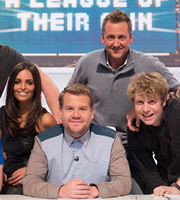 A League Of Their Own. Image shows from L to R: Olivia Wayne, James Corden, Ian Poulter, Josh Widdicombe. Copyright: CPL Productions. A League Of Their Own. Image shows from L to R: Olivia Wayne, James Corden, Ian Poulter, Josh Widdicombe. Copyright: CPL Productions.