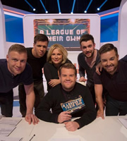 A League Of Their Own. Image shows from L to R: Andrew Flintoff, Wojciech Szczesny, Jennifer Saunders, James Corden, Jack Whitehall, Alex Brooker. Copyright: CPL Productions. A League Of Their Own. Image shows from L to R: Andrew Flintoff, Wojciech Szczesny, Jennifer Saunders, James Corden, Jack Whitehall, Alex Brooker. Copyright: CPL Productions.