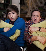 Life Of Riley. Image shows from L to R: Danny Riley (Taylor Fawcett), Jim Riley (Neil Dudgeon). Copyright: Catherine Bailey Productions Limited. Life Of Riley. Image shows from L to R: Danny Riley (Taylor Fawcett), Jim Riley (Neil Dudgeon). Copyright: Catherine Bailey Productions Limited.