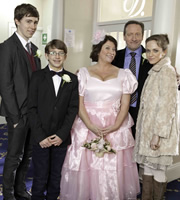 Life Of Riley. Image shows from L to R: Danny Riley (Taylor Fawcett), Ted Jackson (Patrick Nolan), Maddy Riley (Caroline Quentin), Jim Riley (Neil Dudgeon), Katy Riley (Lucinda Dryzek). Copyright: Catherine Bailey Productions Limited. Life Of Riley. Image shows from L to R: Danny Riley (Taylor Fawcett), Ted Jackson (Patrick Nolan), Maddy Riley (Caroline Quentin), Jim Riley (Neil Dudgeon), Katy Riley (Lucinda Dryzek). Copyright: Catherine Bailey Productions Limited.