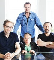 Life's Too Short. Image shows from L to R: Stephen (Stephen Merchant), Liam Neeson, Warwick (Warwick Davis), Ricky (Ricky Gervais). Copyright: BBC. Life's Too Short. Image shows from L to R: Stephen (Stephen Merchant), Liam Neeson, Warwick (Warwick Davis), Ricky (Ricky Gervais). Copyright: BBC.