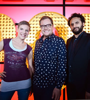 Live At The Apollo. Image shows from L to R: Francesca Martinez, Alan Carr, Nish Kumar. Copyright: Open Mike Productions. Live At The Apollo. Image shows from L to R: Francesca Martinez, Alan Carr, Nish Kumar. Copyright: Open Mike Productions.