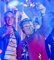 Mrs. Brown's Boys. Image shows from L to R: Mark Brown (Pat Shields), Agnes Brown (Brendan O'Carroll). Copyright: BBC / BocPix. Mrs. Brown's Boys. Image shows from L to R: Mark Brown (Pat Shields), Agnes Brown (Brendan O'Carroll). Copyright: BBC / BocPix.