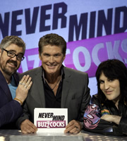 Never Mind The Buzzcocks. Image shows from L to R: Phill Jupitus, David Hasselhoff, Noel Fielding. Copyright: TalkbackThames / BBC. Never Mind The Buzzcocks. Image shows from L to R: Phill Jupitus, David Hasselhoff, Noel Fielding. Copyright: TalkbackThames / BBC.