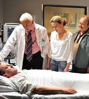 Not Going Out. Image shows from L to R: Lee (Lee Mack), Doctor (Michael Fenton Stevens), Lucy (Sally Bretton), Frank (Bobby Ball). Copyright: Avalon Television / Arlo Productions. Not Going Out. Image shows from L to R: Lee (Lee Mack), Doctor (Michael Fenton Stevens), Lucy (Sally Bretton), Frank (Bobby Ball). Copyright: Avalon Television / Arlo Productions.