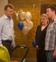 Not Going Out. Image shows from L to R: Toby (Hugh Dennis), Lucy (Sally Bretton), Lee (Lee Mack). Copyright: Avalon Television / Arlo Productions. Not Going Out. Image shows from L to R: Toby (Hugh Dennis), Lucy (Sally Bretton), Lee (Lee Mack). Copyright: Avalon Television / Arlo Productions.