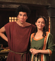 Plebs. Image shows from L to R: Stylax (Joel Fry), Irina (Anna Skellern). Copyright: RISE Films. Plebs. Image shows from L to R: Stylax (Joel Fry), Irina (Anna Skellern). Copyright: RISE Films.