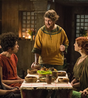 Plebs. Image shows from L to R: Stylax (Joel Fry), Mushki (Tim Key), Metella (Lydia Rose Bewley). Copyright: RISE Films. Plebs. Image shows from L to R: Stylax (Joel Fry), Mushki (Tim Key), Metella (Lydia Rose Bewley). Copyright: RISE Films.