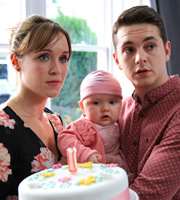 Pramface. Image shows from L to R: Laura Derbyshire (Scarlett Alice Johnson), Jamie Prince (Sean Michael Verey). Copyright: BBC / Little Comet. Pramface. Image shows from L to R: Laura Derbyshire (Scarlett Alice Johnson), Jamie Prince (Sean Michael Verey). Copyright: BBC / Little Comet.