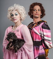 Psychobitches. Image shows from L to R: Barbara Cartland (Frances Barber), Fanny Craddock (Seb Cardinal). Copyright: Tiger Aspect Productions. Psychobitches. Image shows from L to R: Barbara Cartland (Frances Barber), Fanny Craddock (Seb Cardinal). Copyright: Tiger Aspect Productions.