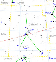 Celestial map of the constellation Cancer, the Crab. Celestial map of the constellation Cancer, the Crab.