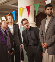 Rev.. Image shows from L to R: Jill Mallory (Joanna Scanlan), Geri Tennison (Vicki Pepperdine), Rev Adam Smallbone (Tom Hollander), Yussef Hasan (Kayvan Novak). Copyright: Big Talk Productions. Rev.. Image shows from L to R: Jill Mallory (Joanna Scanlan), Geri Tennison (Vicki Pepperdine), Rev Adam Smallbone (Tom Hollander), Yussef Hasan (Kayvan Novak). Copyright: Big Talk Productions.