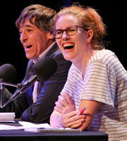 The News Quiz. Image shows from L to R: Mark Steel, Sarah Kendall. Copyright: BBC. The News Quiz. Image shows from L to R: Mark Steel, Sarah Kendall. Copyright: BBC.