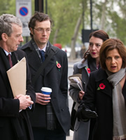 The Thick Of It. Image shows from L to R: Oliver Reeder (Chris Addison), Helen Hatley (Rebecca Gethings), Nicola Murray (Rebecca Front). Copyright: BBC. The Thick Of It. Image shows from L to R: Oliver Reeder (Chris Addison), Helen Hatley (Rebecca Gethings), Nicola Murray (Rebecca Front). Copyright: BBC.