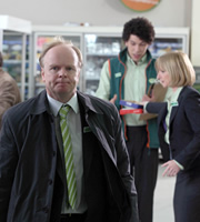 Trollied. Image shows from L to R: Gavin (Jason Watkins), Leighton (Joel Fry), Julie (Jane Horrocks). Copyright: Roughcut Television. Trollied. Image shows from L to R: Gavin (Jason Watkins), Leighton (Joel Fry), Julie (Jane Horrocks). Copyright: Roughcut Television.