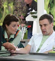Trollied. Image shows from L to R: Katie (Chanel Cresswell), Kieran (Nick Blood). Copyright: Roughcut Television. Trollied. Image shows from L to R: Katie (Chanel Cresswell), Kieran (Nick Blood). Copyright: Roughcut Television.