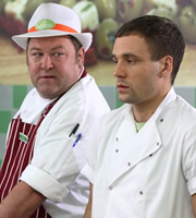 Trollied. Image shows from L to R: Andy (Mark Addy), Kieran (Nick Blood). Copyright: Roughcut Television. Trollied. Image shows from L to R: Andy (Mark Addy), Kieran (Nick Blood). Copyright: Roughcut Television.
