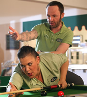 Trollied. Image shows from L to R: Lisa (Beverly Rudd), Colin (Carl Rice). Copyright: Roughcut Television. Trollied. Image shows from L to R: Lisa (Beverly Rudd), Colin (Carl Rice). Copyright: Roughcut Television.