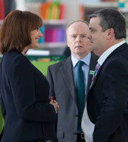 Trollied. Image shows from L to R: Cheryl (Sarah Parish), Gavin (Jason Watkins), Brendan O'Connor (Simon Delaney). Copyright: Roughcut Television. Trollied. Image shows from L to R: Cheryl (Sarah Parish), Gavin (Jason Watkins), Brendan O'Connor (Simon Delaney). Copyright: Roughcut Television.