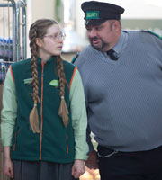 Trollied. Image shows from L to R: Heather (Jessie Cave), Ian (Victor McGuire). Copyright: Roughcut Television. Trollied. Image shows from L to R: Heather (Jessie Cave), Ian (Victor McGuire). Copyright: Roughcut Television.