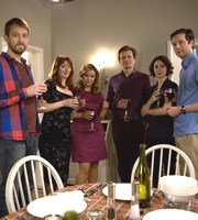 Trying Again. Image shows from L to R: Sam (Alun Cochrane), Gail (Elizabeth Berrington), Meg (Jo Joyner), Iain (Charles Edwards), Kate (Catherine Steadman), Matt (Chris Addison). Copyright: Avalon Television. Trying Again. Image shows from L to R: Sam (Alun Cochrane), Gail (Elizabeth Berrington), Meg (Jo Joyner), Iain (Charles Edwards), Kate (Catherine Steadman), Matt (Chris Addison). Copyright: Avalon Television.
