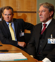 Twenty Twelve. Image shows from L to R: Ian Fletcher (Hugh Bonneville), Richard Parker (Timothy Bentinck). Copyright: BBC. Twenty Twelve. Image shows from L to R: Ian Fletcher (Hugh Bonneville), Richard Parker (Timothy Bentinck). Copyright: BBC.