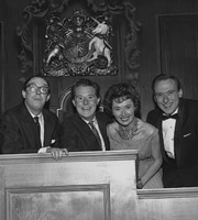 Two Of A Kind. Image shows from L to R: Eric Morecambe, Ernie Wise, Pearl Carr, Teddy Johnson. Copyright: Associated Television. Two Of A Kind. Image shows from L to R: Eric Morecambe, Ernie Wise, Pearl Carr, Teddy Johnson. Copyright: Associated Television.