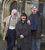 The Vicar Of Dibley. Image shows from L to R: Jim Trott (Trevor Peacock), Geraldine Grainger (Dawn French), Hugo Horton (James Fleet). Copyright: Tiger Aspect Productions. The Vicar Of Dibley. Image shows from L to R: Jim Trott (Trevor Peacock), Geraldine Grainger (Dawn French), Hugo Horton (James Fleet). Copyright: Tiger Aspect Productions.