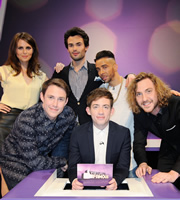 Virtually Famous. Image shows from L to R: Ellie Taylor, Chris Stark, Mark-Francis Vandelli, Kevin McHale, Dino Contostavlos, Seann Walsh. Copyright: Talkback / Hungry Bear Media. Virtually Famous. Image shows from L to R: Ellie Taylor, Chris Stark, Mark-Francis Vandelli, Kevin McHale, Dino Contostavlos, Seann Walsh. Copyright: Talkback / Hungry Bear Media.