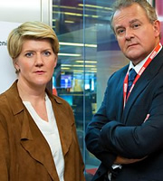 W1A. Image shows from L to R: Clare Balding, Ian Fletcher (Hugh Bonneville). Copyright: BBC. W1A. Image shows from L to R: Clare Balding, Ian Fletcher (Hugh Bonneville). Copyright: BBC.