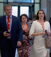 W1A. Image shows from L to R: Ian Fletcher (Hugh Bonneville), Tracey Pritchard (Monica Dolan), Anna Rampton (Sarah Parish). Copyright: BBC. W1A. Image shows from L to R: Ian Fletcher (Hugh Bonneville), Tracey Pritchard (Monica Dolan), Anna Rampton (Sarah Parish). Copyright: BBC.