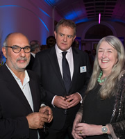 W1A. Image shows from L to R: Alan Yentob, Ian Fletcher (Hugh Bonneville), Mary Beard. Copyright: BBC. W1A. Image shows from L to R: Alan Yentob, Ian Fletcher (Hugh Bonneville), Mary Beard. Copyright: BBC.