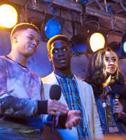Youngers. Image shows from L to R: Jay (Calvin Demba), Yemi (Ade Oyefeso), Davina (Shavani Seth). Copyright: Big Talk Productions. Youngers. Image shows from L to R: Jay (Calvin Demba), Yemi (Ade Oyefeso), Davina (Shavani Seth). Copyright: Big Talk Productions.