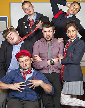 Bad Education. Image shows from L to R: Joe (Ethan Lawrence), Rem Dogg (Jack Binstead), Mitchell (Charlie Wernham), Alfie (Jack Whitehall), Stephen (Layton Williams), Chantelle (Nikki Runeckles). Copyright: Tiger Aspect Productions. Bad Education. Image shows from L to R: Joe (Ethan Lawrence), Rem Dogg (Jack Binstead), Mitchell (Charlie Wernham), Alfie (Jack Whitehall), Stephen (Layton Williams), Chantelle (Nikki Runeckles). Copyright: Tiger Aspect Productions.