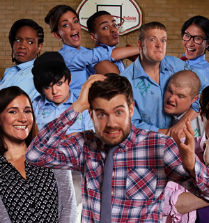 Bad Education. Image shows from L to R: Miss Gulliver (Sarah Solemani), Cleopatra (Weruche Opia), Rem Dogg (Jack Binstead), Chantelle (Nikki Runeckles), Stephen (Layton Williams), Alfie (Jack Whitehall), Grayson (Jack Bence), Joe (Ethan Lawrence), Jing (Kae Alexander). Copyright: Tiger Aspect Productions. Bad Education. Image shows from L to R: Miss Gulliver (Sarah Solemani), Cleopatra (Weruche Opia), Rem Dogg (Jack Binstead), Chantelle (Nikki Runeckles), Stephen (Layton Williams), Alfie (Jack Whitehall), Grayson (Jack Bence), Joe (Ethan Lawrence), Jing (Kae Alexander). Copyright: Tiger Aspect Productions.