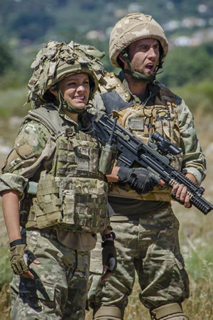 Bluestone 42. Image shows from L to R: Ellen (Laura Aikman), Towerblock (Matthew Lewis). Copyright: BBC. Bluestone 42. Image shows from L to R: Ellen (Laura Aikman), Towerblock (Matthew Lewis). Copyright: BBC.