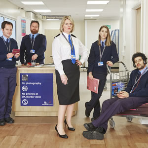 Borderline. Image shows from L to R: Clive Hassler (David Elms), Grant Brodie (Jamie Michie), Linda Proctor (Jackie Clune), Andy Church (Liz Kingsman), Tariq Mansoor (David Avery). Copyright: Little Rock. Borderline. Image shows from L to R: Clive Hassler (David Elms), Grant Brodie (Jamie Michie), Linda Proctor (Jackie Clune), Andy Church (Liz Kingsman), Tariq Mansoor (David Avery). Copyright: Little Rock.