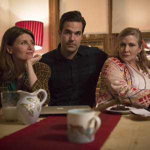Catastrophe. Image shows from L to R: Sharon (Sharon Horgan), Rob (Rob Delaney), Mia (Carrie Fisher). Copyright: Avalon Television. Catastrophe. Image shows from L to R: Sharon (Sharon Horgan), Rob (Rob Delaney), Mia (Carrie Fisher). Copyright: Avalon Television.